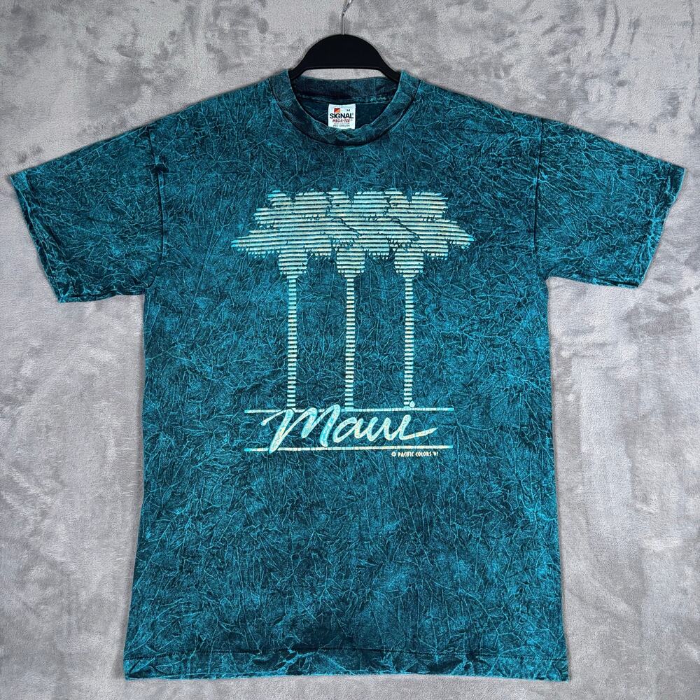 Vintage 90s Maui Palm Tree All Over Print T-Shirt Blue Acid Wash Men’s Size M